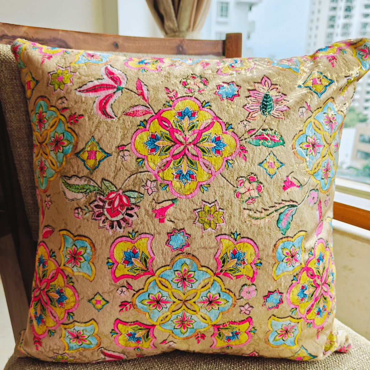 Utsav Cushion Cover Set – Polyester Velvet – 16" x 16" (Pack of 2) - Coral Slub -